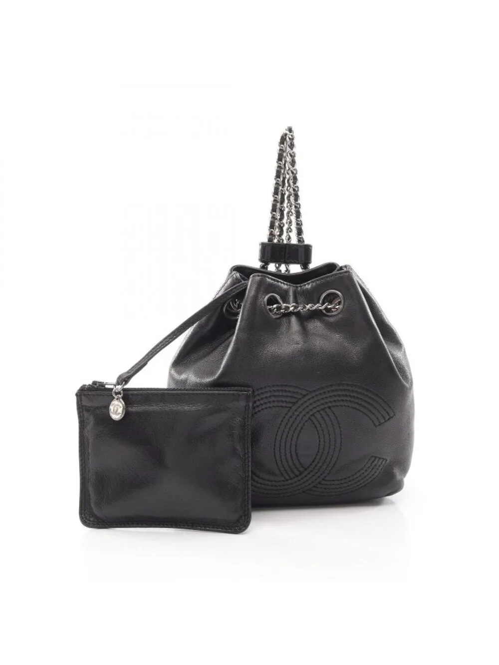 Chanel Backpack CC Logo Small Drawstring Black Lambskin CC Chain